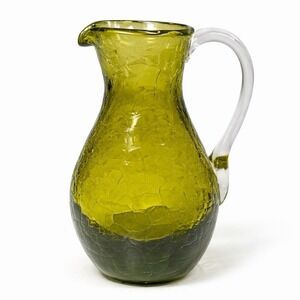 Vintage Pilgrim Green Crackle Glass Pitcher Clear Handle Mini Hand Blown 4"